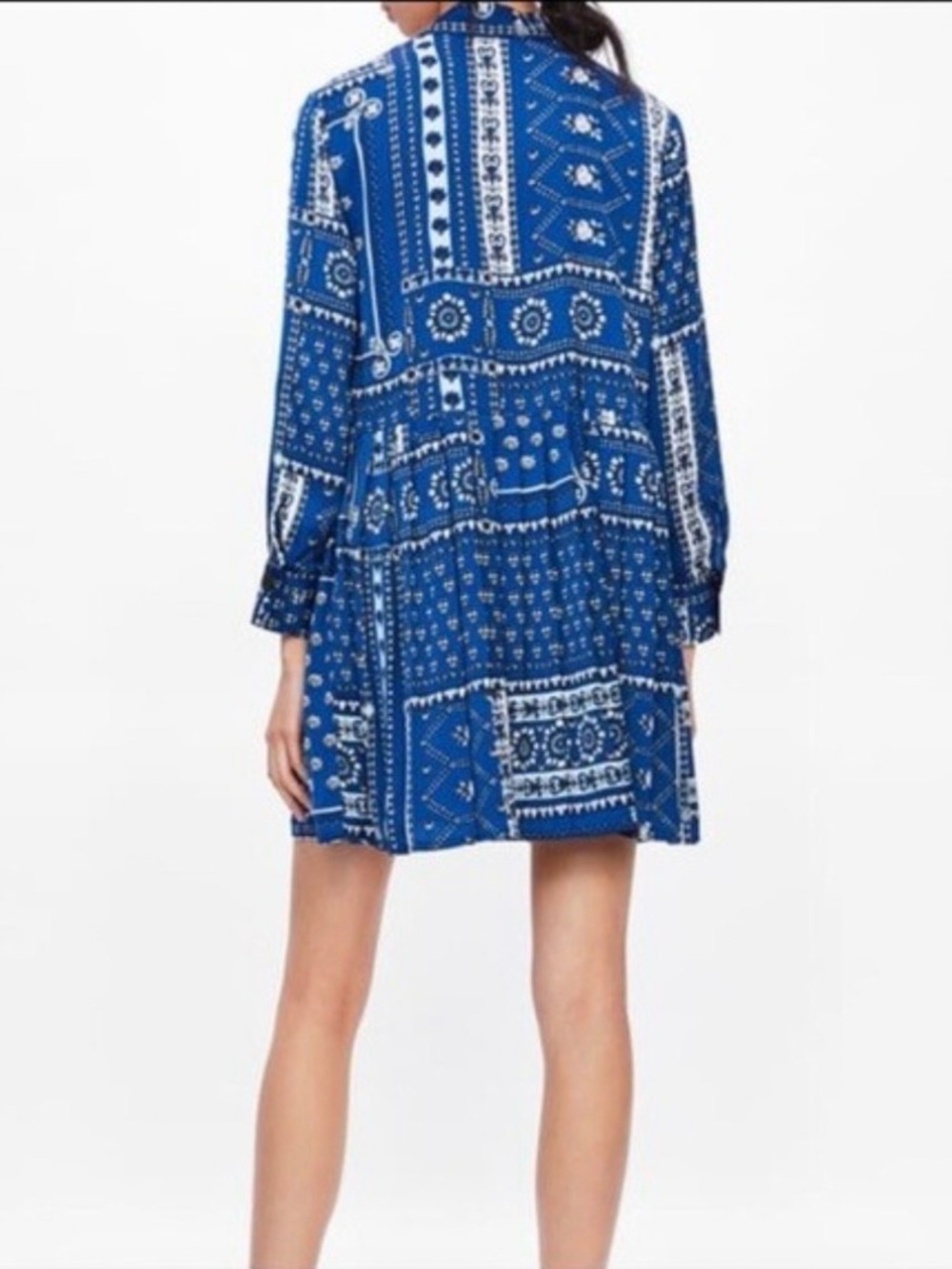 Zara Patchwork Pleated Long Sleeve Mini Dress in Bandana Blue, Women’s Small - Picture 16 of 16
